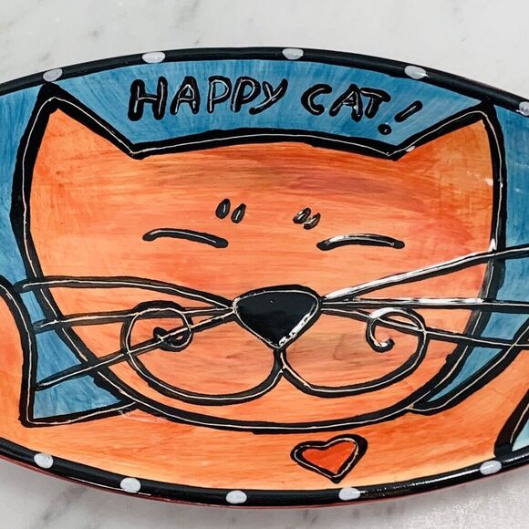 LOT (2) Outi Happy Cat Oval Bowls 9.5"x4.5" Blue Green Red Dish Hand Painted EUC - Picture 3 of 8